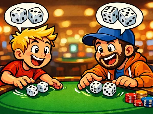 Two friends playing dice at a table