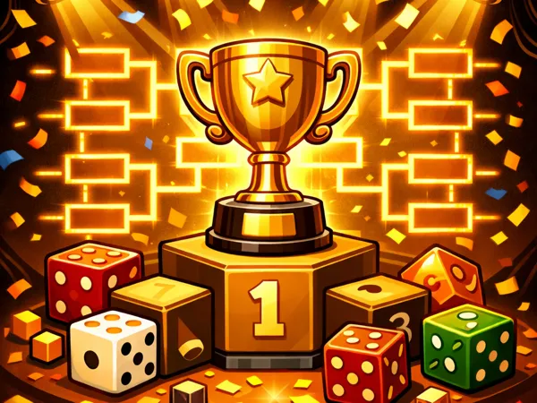 Tournament trophy with bracket board and dice