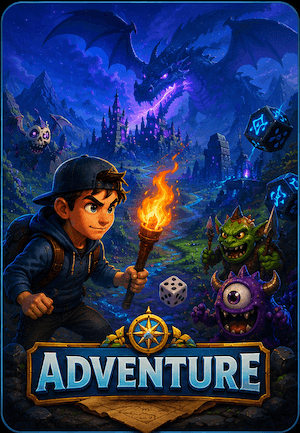 Adventure mode — an explorer with a torch facing monsters in a dark valley