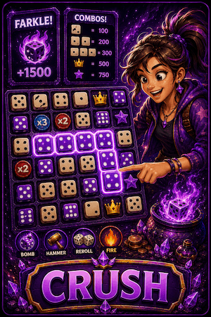 Farkle Crush — a grid of dice mid-combo